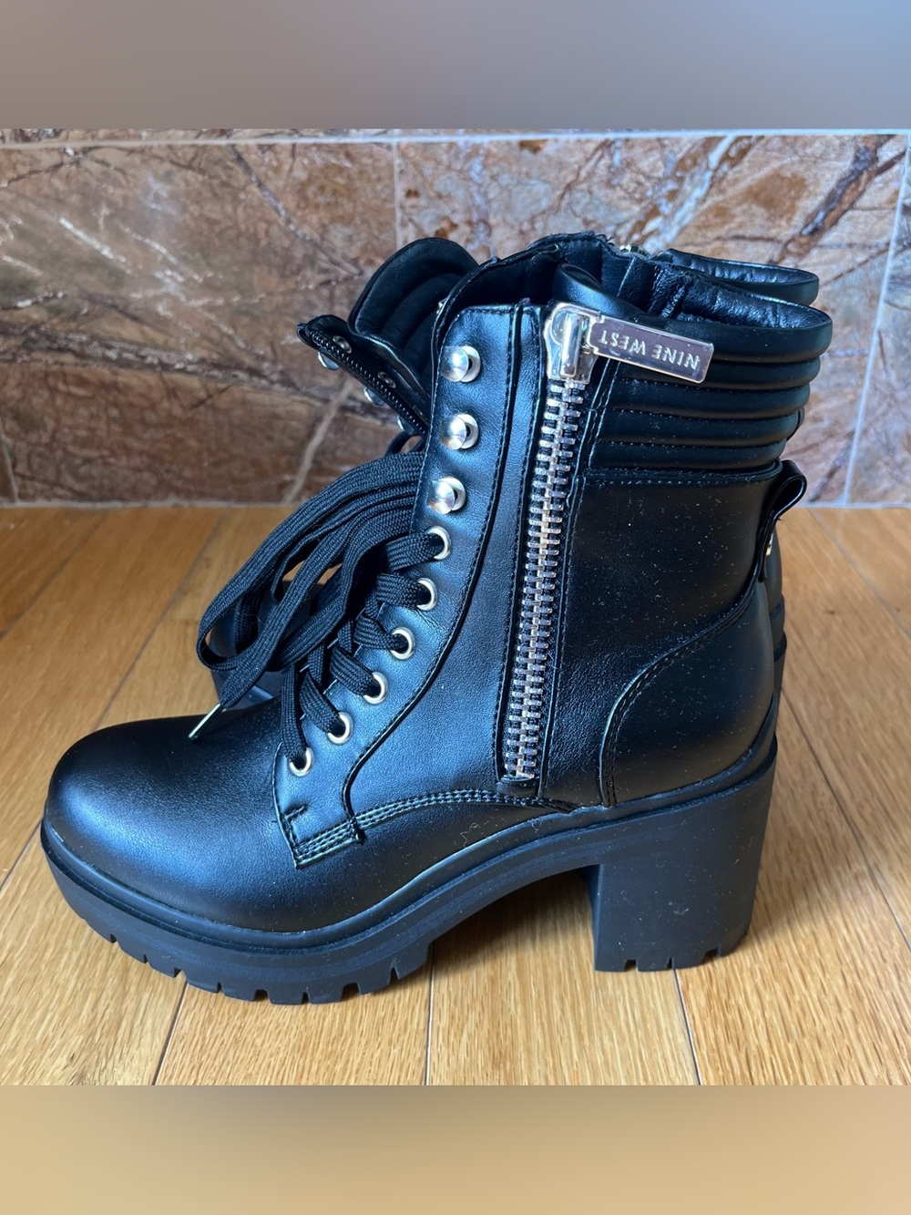 Nine West Black Lace-Up Platform Combat Boots with Silver Hardware - Picture 2 of 7